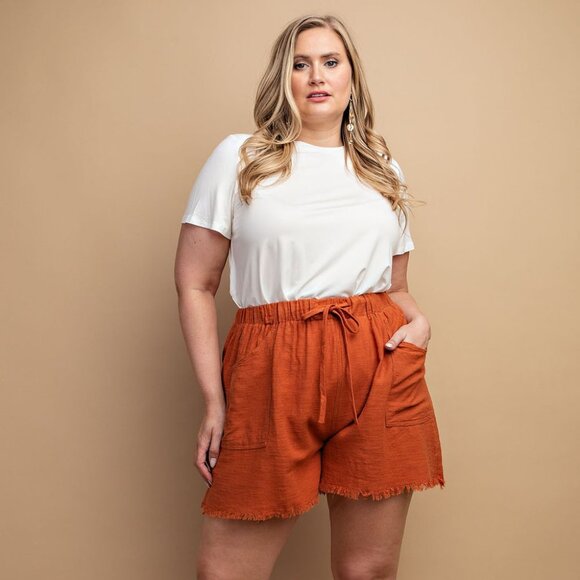 GIGIO Plus Size Frayed Hem Drawstring Shorts | Terracotta - Picture 3 of 4